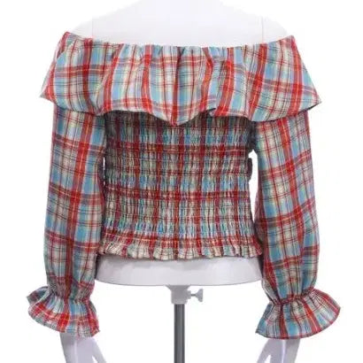 [BUNJANG] Off-Shoulder Checkered Blouse with Frill / 체크 오프숄더 블라우스 프릴 셔츠