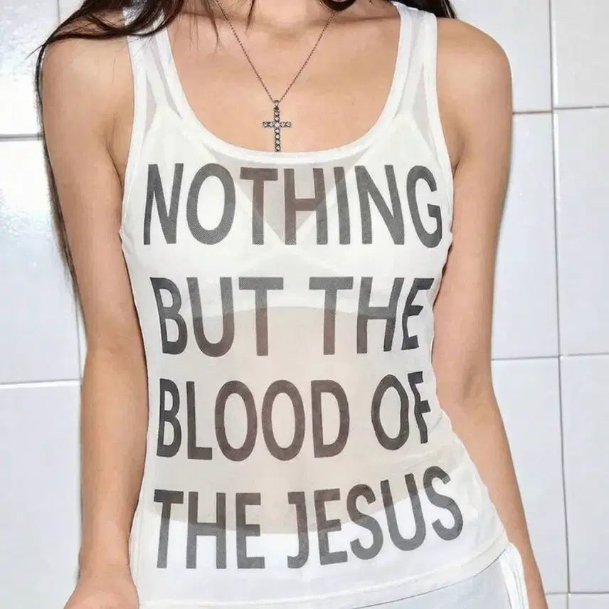 [BUNJANG] Printing Cross See-through Tank Top / 프린팅 십자가 시스루 탱크탑 나시