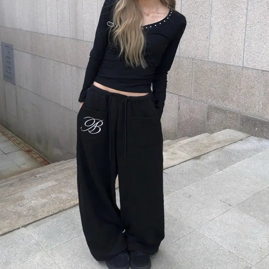 [BUNJANG] 애니원모어 키린 레터링 스트링 와이드 트레이닝 팬츠 블랙 / 애니원모어 키린 레터링 스트링 와이드 트레이닝 팬츠 블랙