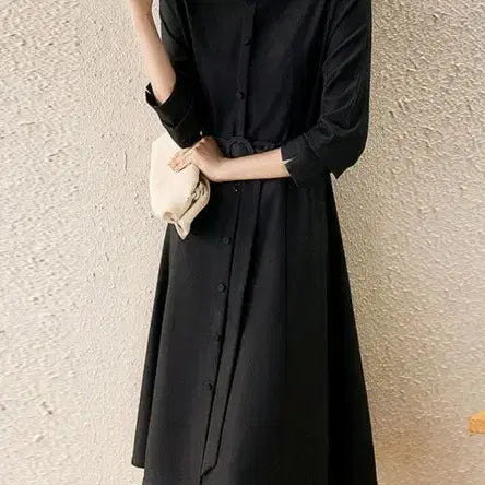 [SOLD OUT] 배색 카라 벨트 블랙 롱 원피스(새상품)