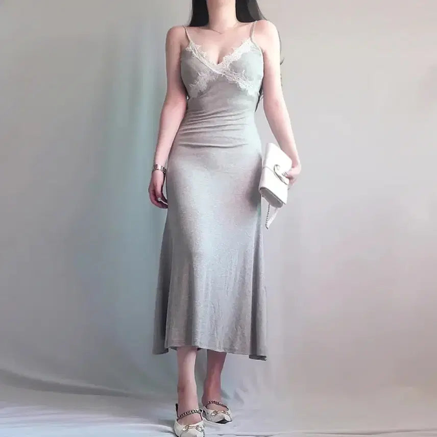 [BUNJANG] Lace Trim Ribbed Sleeveless Long Dress / (새상품) 레이스 슬립 골지 나시 롱 원피스