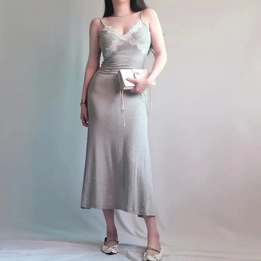 [BUNJANG] Lace Trim Ribbed Sleeveless Long Dress / (새상품) 레이스 슬립 골지 나시 롱 원피스