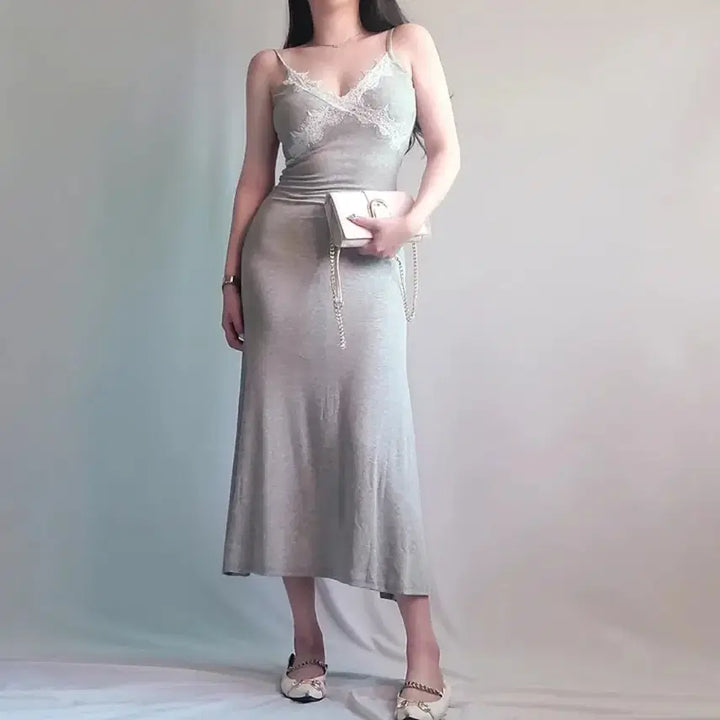 [BUNJANG] Lace Trim Ribbed Sleeveless Long Dress / (새상품) 레이스 슬립 골지 나시 롱 원피스