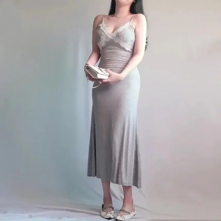 [BUNJANG] Lace Trim Ribbed Sleeveless Long Dress / (새상품) 레이스 슬립 골지 나시 롱 원피스