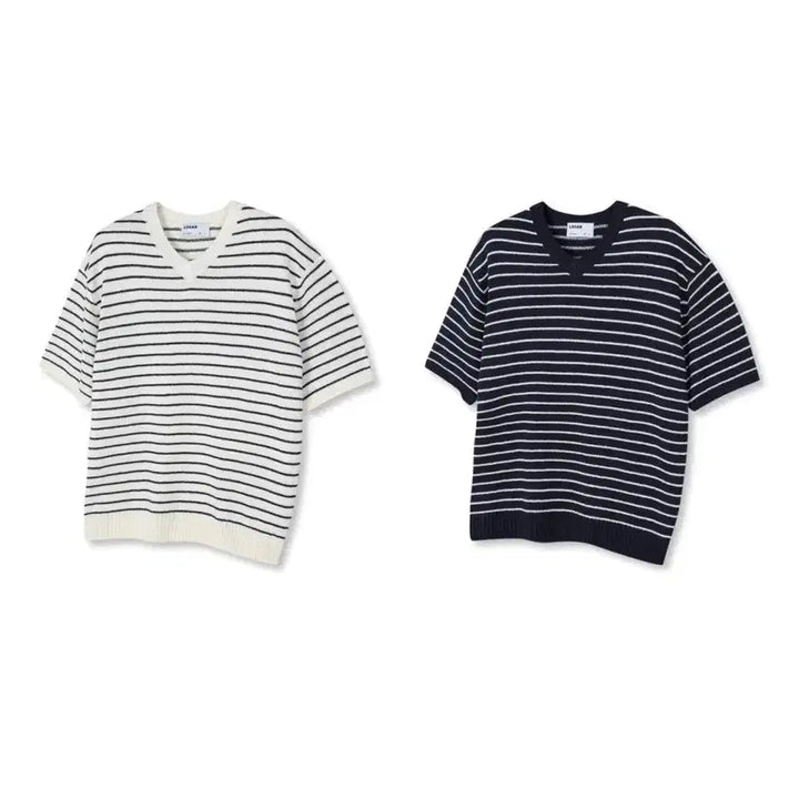 [BUNJANG] LOGAN Striped V-Neck Knit Shirt / LOGAN 에이더 단가라 브이넥 반팔니트
