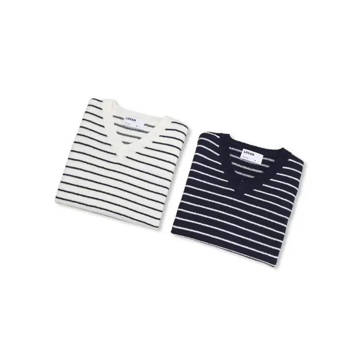 [BUNJANG] LOGAN Striped V-Neck Knit Shirt / LOGAN 에이더 단가라 브이넥 반팔니트
