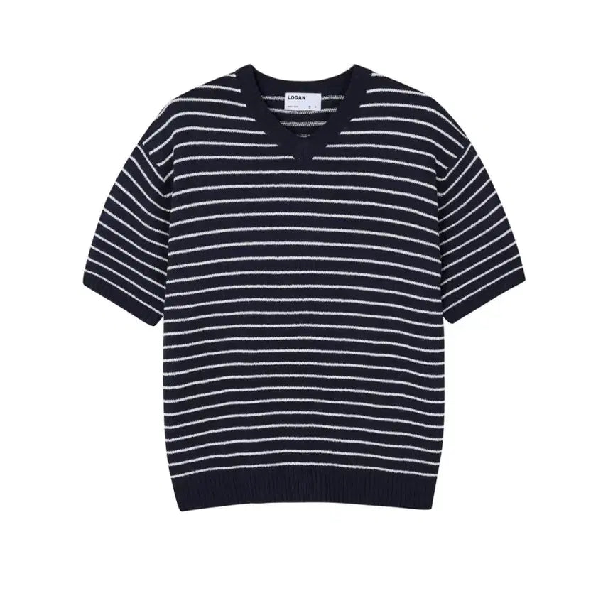 [BUNJANG] LOGAN Striped V-Neck Knit Shirt / LOGAN 에이더 단가라 브이넥 반팔니트