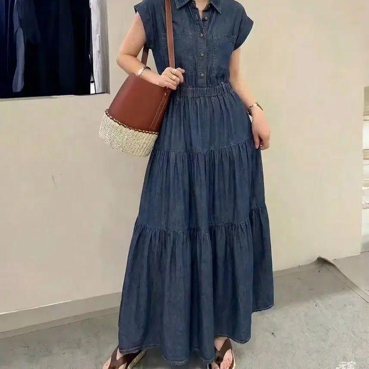 [BUNJANG] Three-Tiered Denim Long Dress / 청 3단캉캉ops