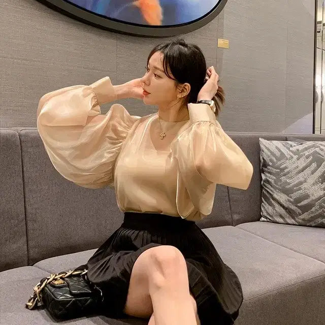 [BUNJANG] Pumpkin Organza Chiffon Blouse Beige / [새상품/빠른발송] 펌킨 오간자 쉬폰 블라우스 베이지