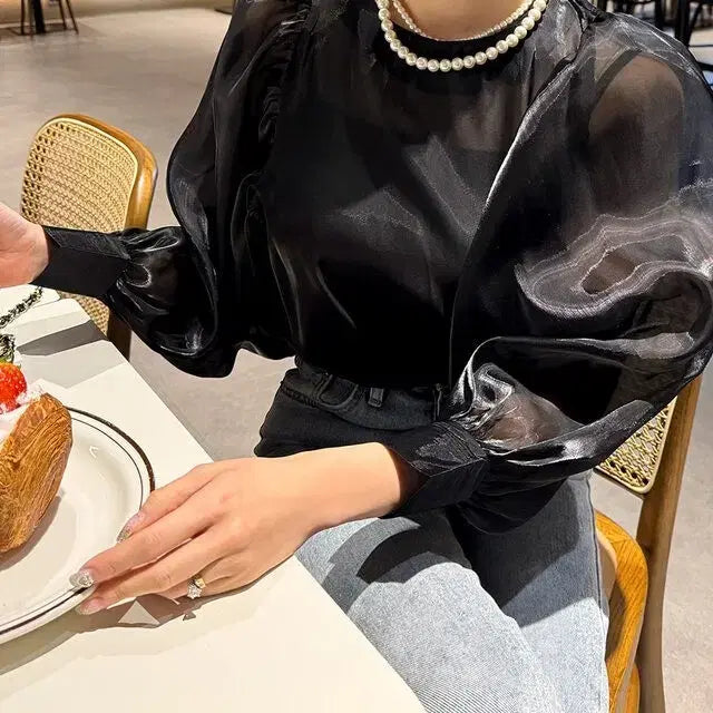 [BUNJANG] Pumpkin Organza Chiffon Blouse Black / [새상품/빠른발송] 펌킨 오간자 쉬폰 블라우스 블랙