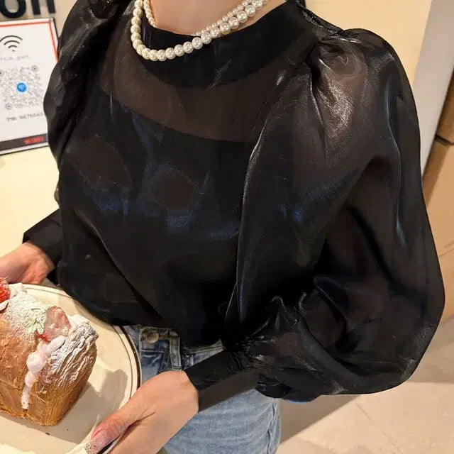 [BUNJANG] Pumpkin Organza Chiffon Blouse Black / [새상품/빠른발송] 펌킨 오간자 쉬폰 블라우스 블랙