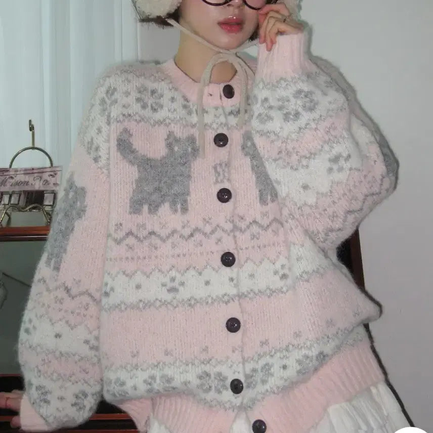 [BUNJANG] Pink Cat Nordic Cardigan / 핑크 고양이 노르딕 가디건(시착만 해본 새상품)
