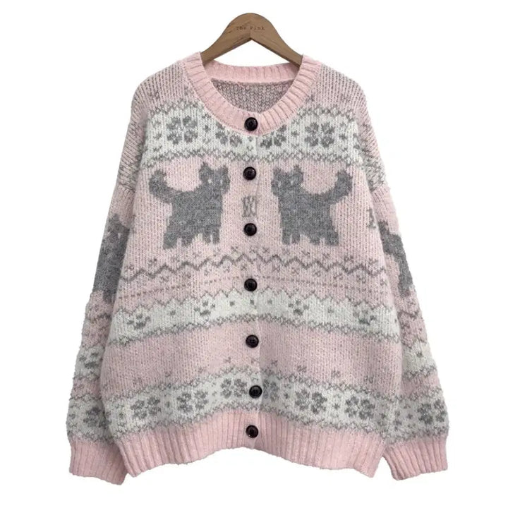 [BUNJANG] Pink Cat Nordic Cardigan / 핑크 고양이 노르딕 가디건(시착만 해본 새상품)