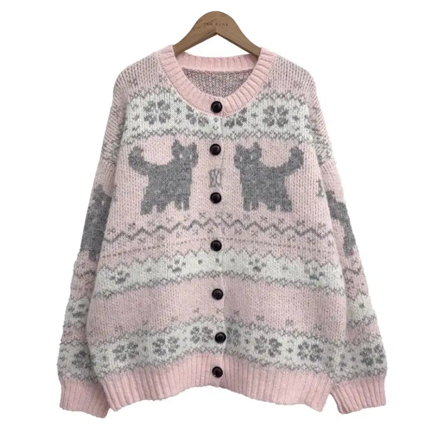[BUNJANG] Pink Cat Nordic Cardigan / 핑크 고양이 노르딕 가디건(시착만 해본 새상품)