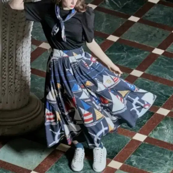 [BUNJANG] Karl Lagerfeld Yacht Pattern Pleated Skirt / 칼 라거펠트 요트 패턴 플리츠 스커트