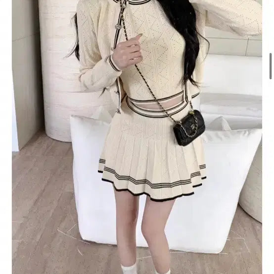 [BUNJANG] Ivory Knit Three-Piece Set / 아이보리색 니트 쓰리피스 나시 가디건 치마 세트