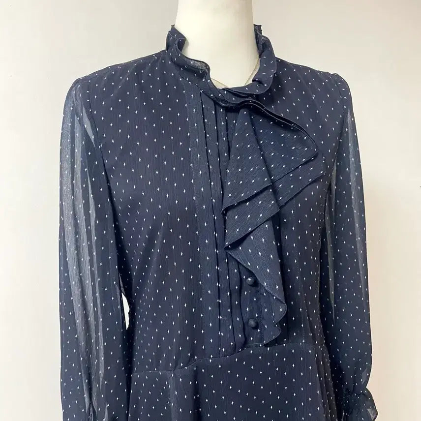 [BUNJANG] jj지고트 Navy Sheer Ruffle Long Dress / 지고트 네이비 시스루 쉬폰 셔링 프릴 롱 원피스 55