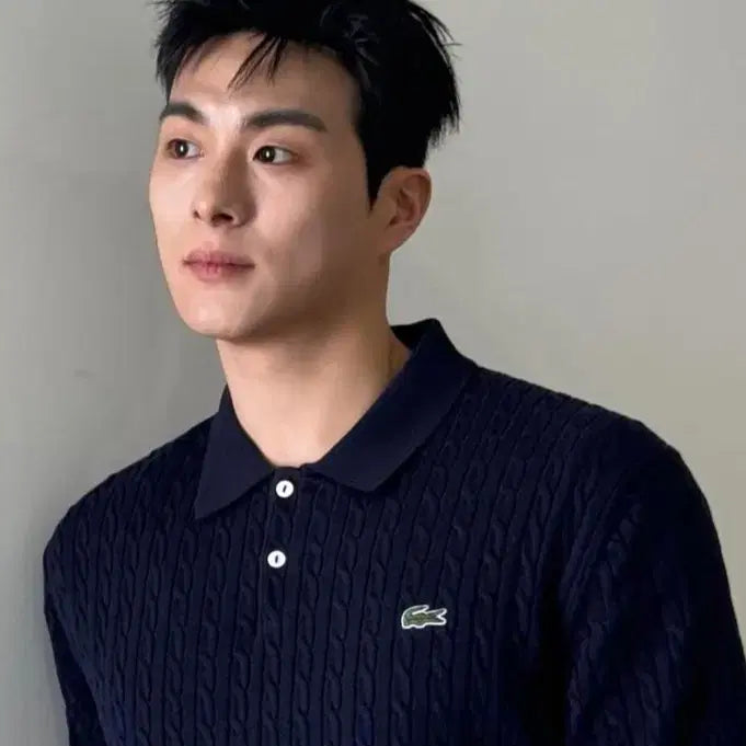 [BUNJANG] 라코스테 케이블 카라 니트 반팔 네이비4 새제품 / 라코스테 케이블 카라 니트 반팔 꽈배기 네이비4 새제품
