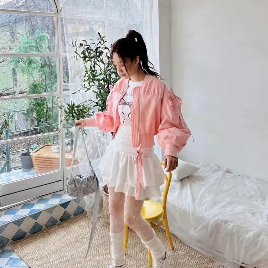 [BUNJANG] 핑크색 벌룬 크롭 봄버 자켓 / 핑크색 벌룬 크롭 봄버 자켓