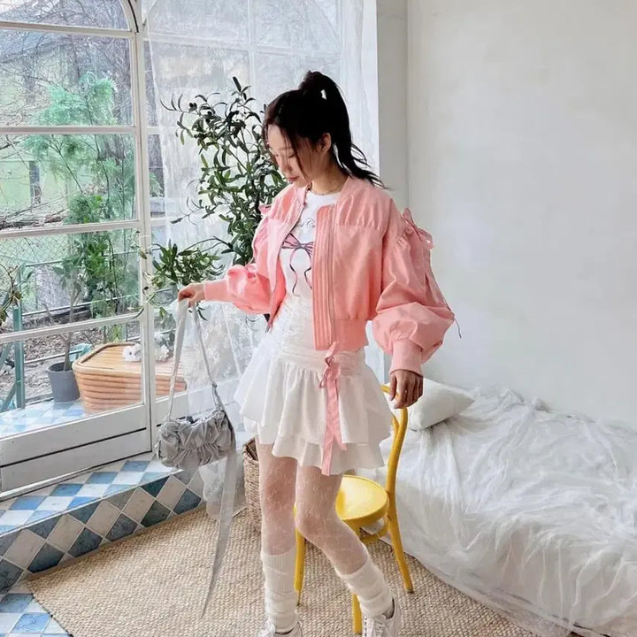 [BUNJANG] 핑크색 벌룬 크롭 봄버 자켓 / 핑크색 벌룬 크롭 봄버 자켓