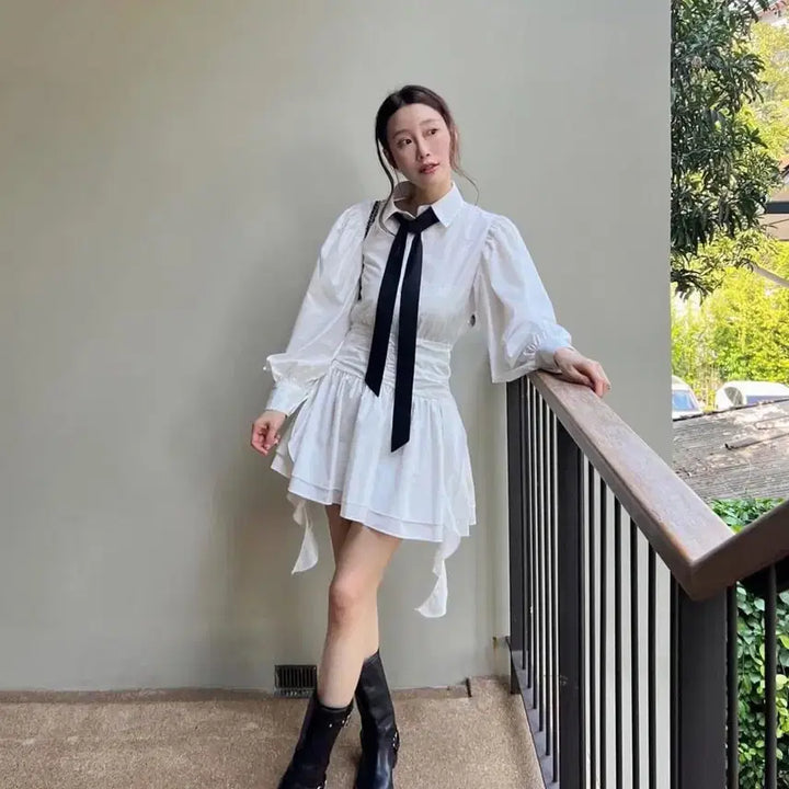 [SOLD OUT] 화이트 셔츠 미니 원피스 블랙 리본