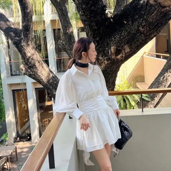 [SOLD OUT] 화이트 셔츠 미니 원피스 블랙 리본