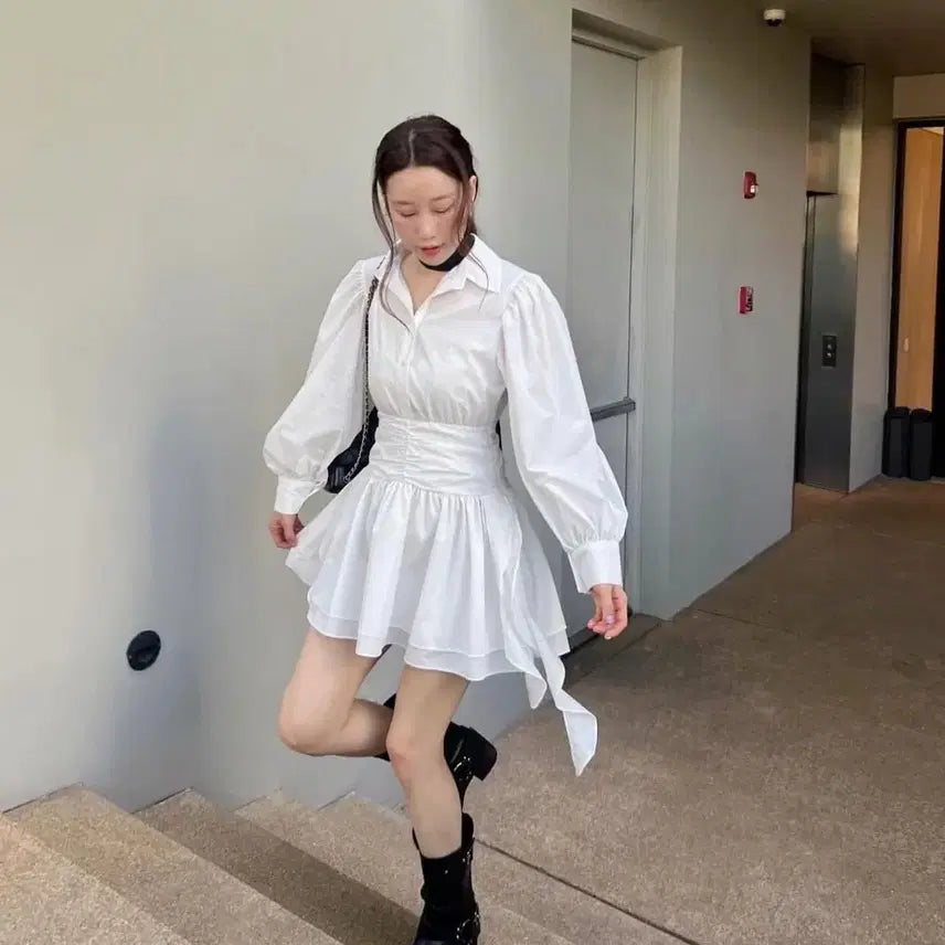 [SOLD OUT] 화이트 셔츠 미니 원피스 블랙 리본