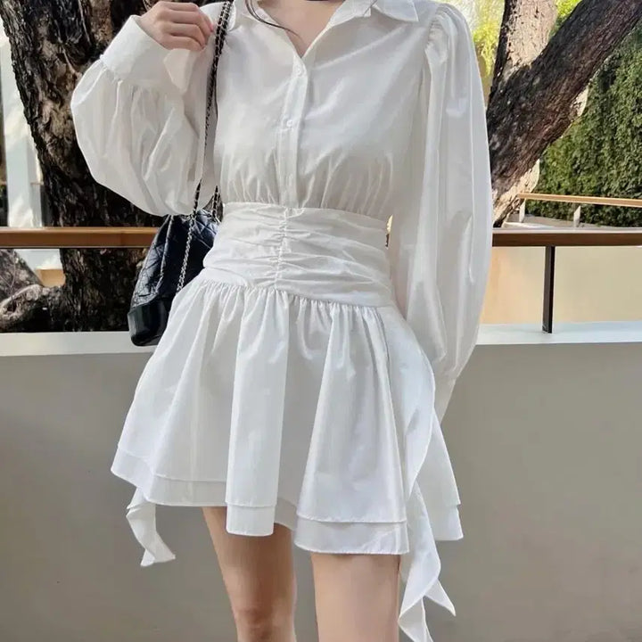 [SOLD OUT] 화이트 셔츠 미니 원피스 블랙 리본