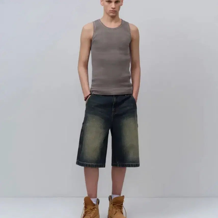[BUNJANG] Musinsa Standard Big Brush Carpenter Bermuda Denim Pants / 무탠다드 빅 브러쉬 카펜터 버뮤다 데님 팬츠 [옐로우 다크 블루]