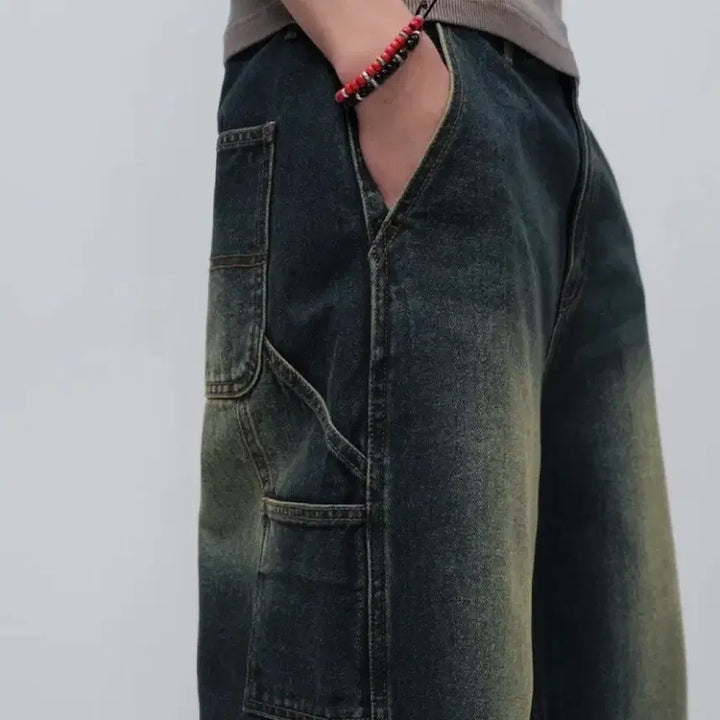 [BUNJANG] Musinsa Standard Big Brush Carpenter Bermuda Denim Pants / 무탠다드 빅 브러쉬 카펜터 버뮤다 데님 팬츠 [옐로우 다크 블루]