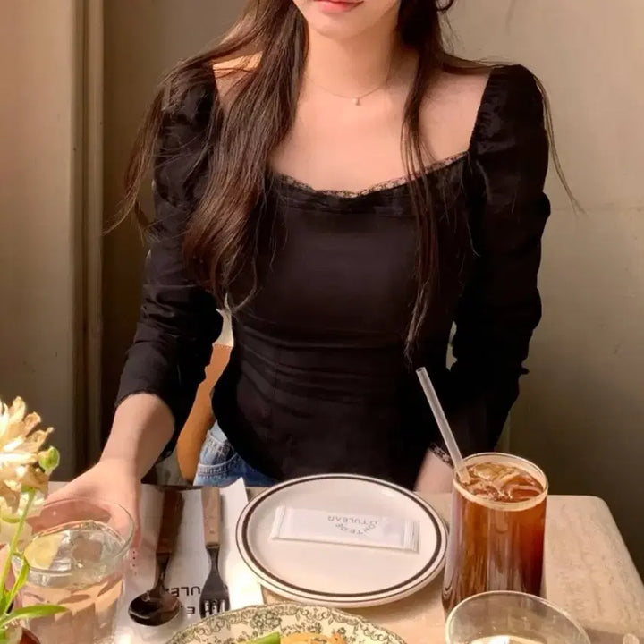 [BUNJANG] JENNIE.O Clean Square Lace Blouse Black / 제니오 [팝업 BEST][made] 클린스퀘어 레이스 블라우스 블랙
