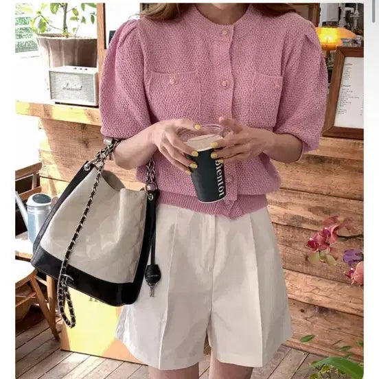 [BUNJANG] Dahli Hotel Puff Sleeve Knit Cardigan Pink / 달리호텔 퍼프 반팔 니트 가디건 핑크