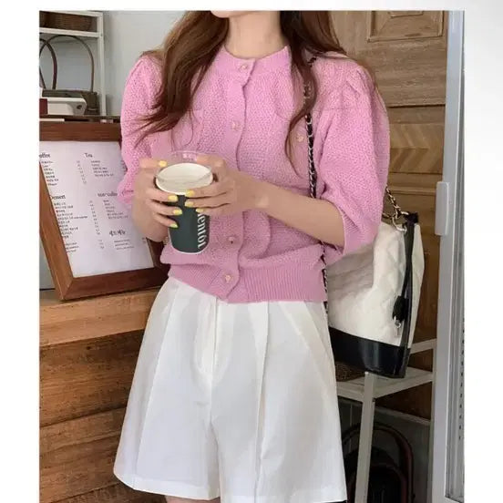 [BUNJANG] Dahli Hotel Puff Sleeve Knit Cardigan Pink / 달리호텔 퍼프 반팔 니트 가디건 핑크