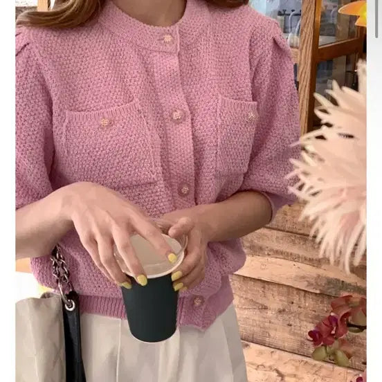 [BUNJANG] Dahli Hotel Puff Sleeve Knit Cardigan Pink / 달리호텔 퍼프 반팔 니트 가디건 핑크