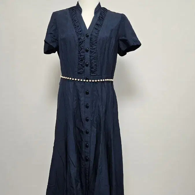 [BUNJANG] Anziek Navy Shirt Dress with Pearl Belt Set / 안지크 네이비 셔츠형 원피스 진주벨트 세트
