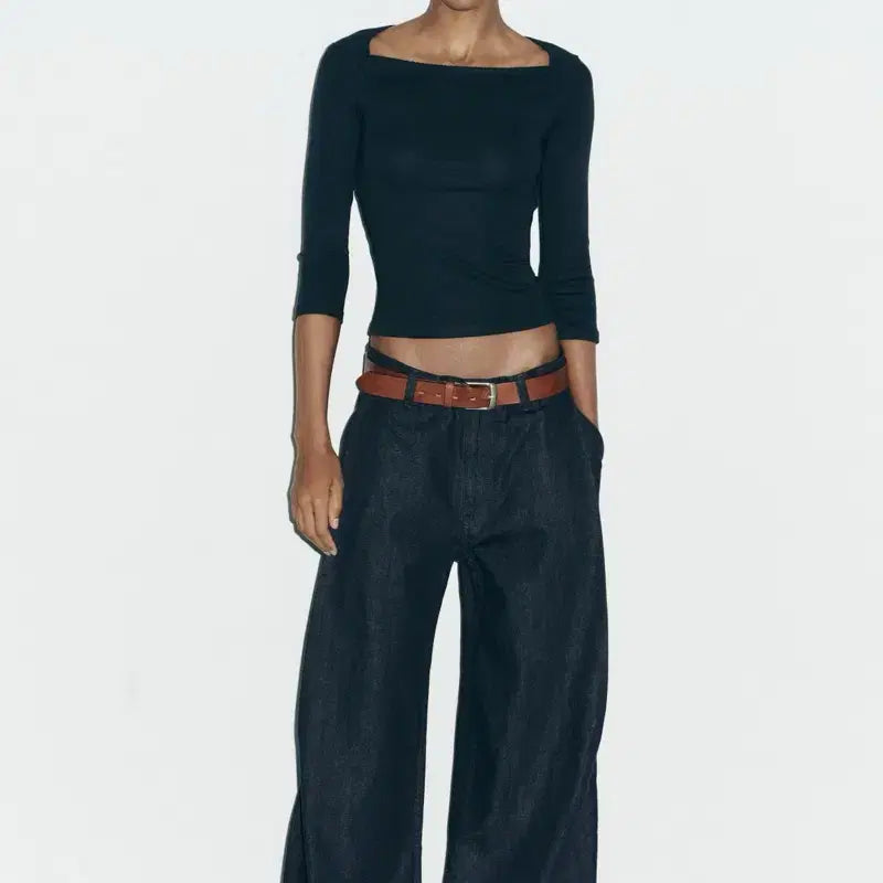 [SOLD OUT] ZARA 자라 모달코튼 스퀘어넥 긴팔 티셔츠 네이비