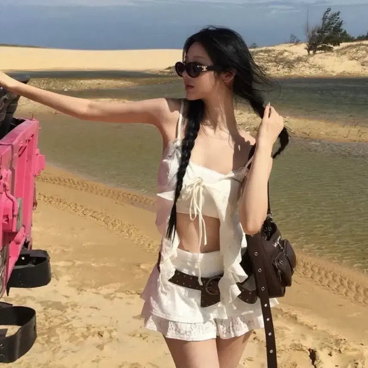 [BUNJANG] Cider Ivory Lace Blouse Top &amp; Mini Skort Set / [세트 상품] 샵사이다 cider 아이보리 레이스 블라우스 탑 / 미니