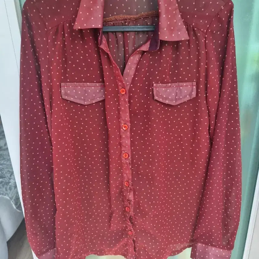 [BUNJANG] Dot See-through Blouse Burgundy / 도트 시스루 블라우스 버건디