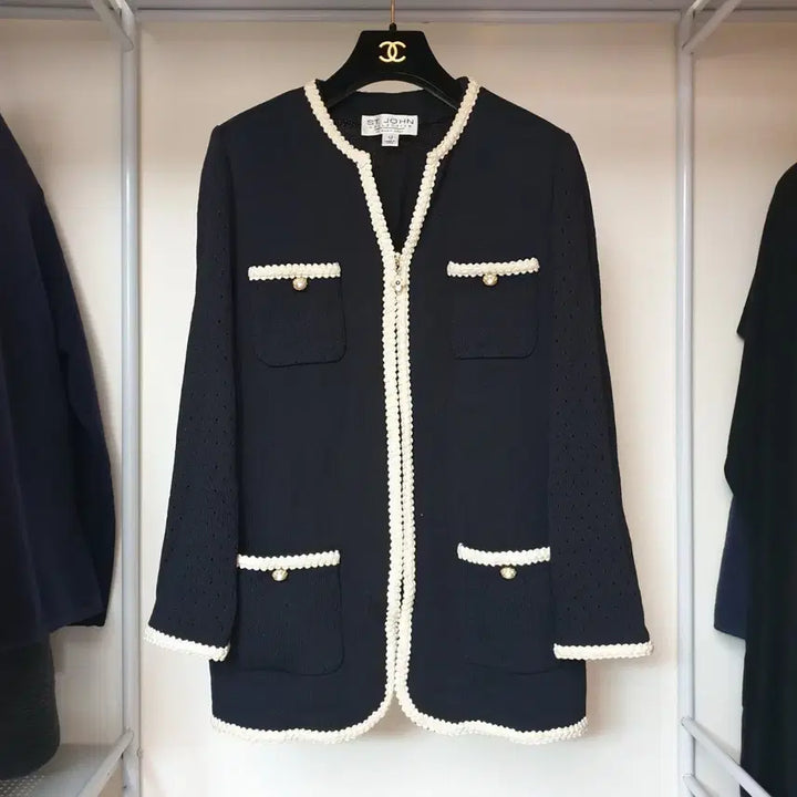 [BUNJANG] St. John Luxury Pearl &amp; Knit Trim Zip-Up Jacket / ST.JOHN 센존 컬렉션라인 럭셔리 진주&amp;니트트리밍 집업 자켓 재킷