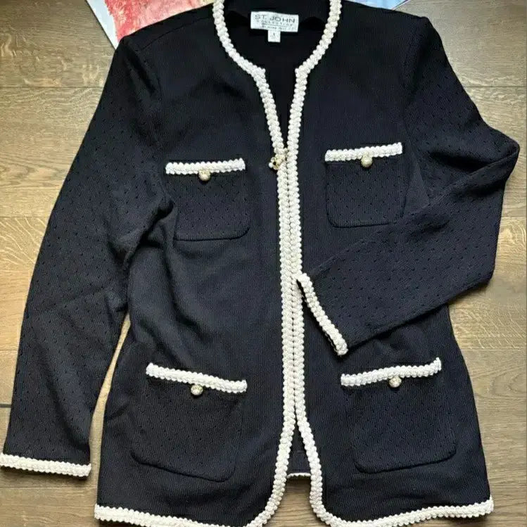 [BUNJANG] St. John Luxury Pearl &amp; Knit Trim Zip-Up Jacket / ST.JOHN 센존 컬렉션라인 럭셔리 진주&amp;니트트리밍 집업 자켓 재킷