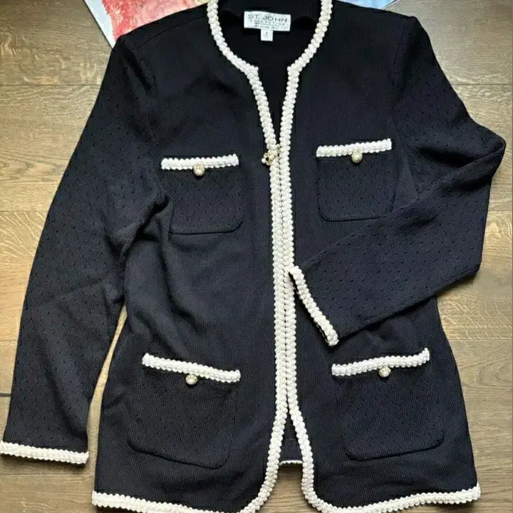 [BUNJANG] St. John Luxury Pearl &amp; Knit Trim Zip-Up Jacket / ST.JOHN 센존 컬렉션라인 럭셔리 진주&amp;니트트리밍 집업 자켓 재킷