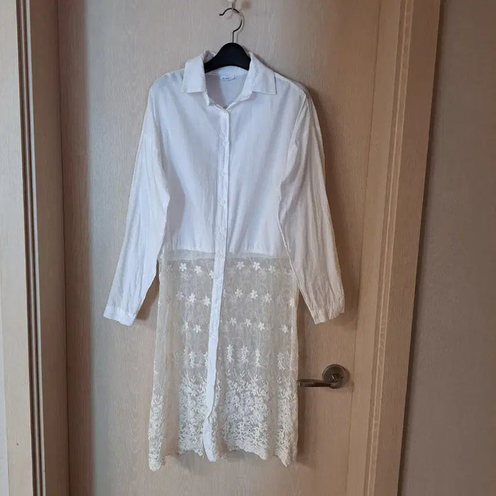 [BUNJANG] White Lace Long Shirt Dress (Size 77) / 화이트 레이스 롱 셔츠 원피스사이즈77