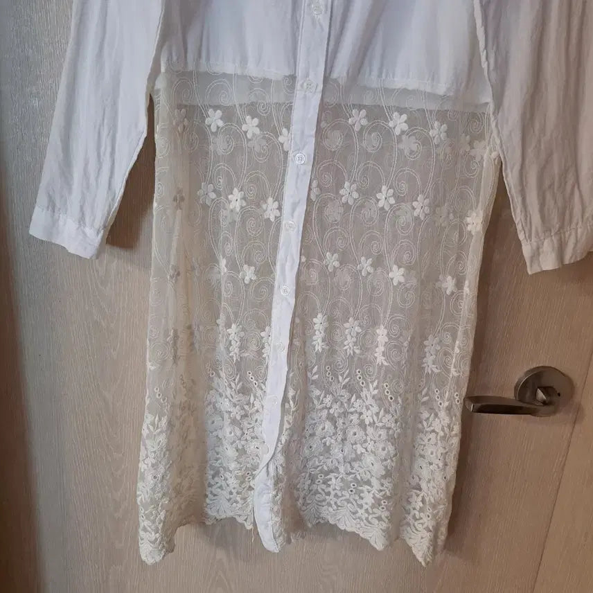 [BUNJANG] White Lace Long Shirt Dress (Size 77) / 화이트 레이스 롱 셔츠 원피스사이즈77
