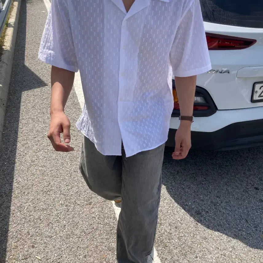[BUNJANG] White Dot Pattern Short Sleeve Shirt / 화이트 반팔셔츠