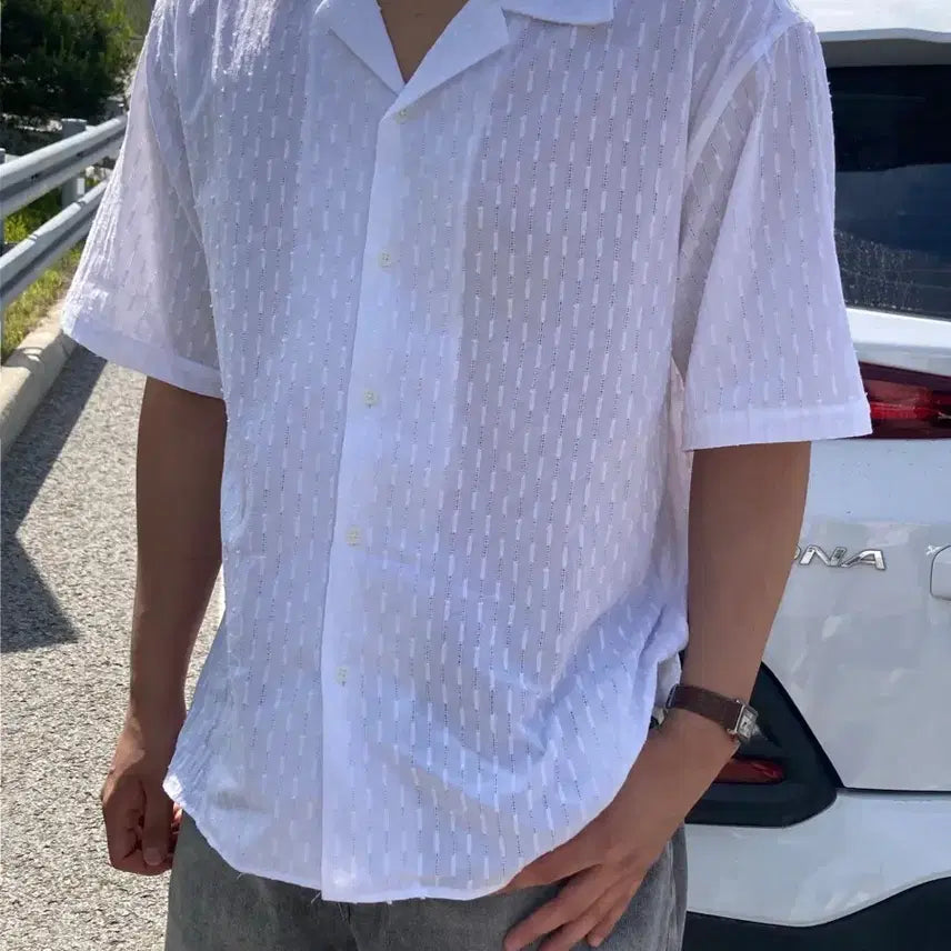 [BUNJANG] White Dot Pattern Short Sleeve Shirt / 화이트 반팔셔츠