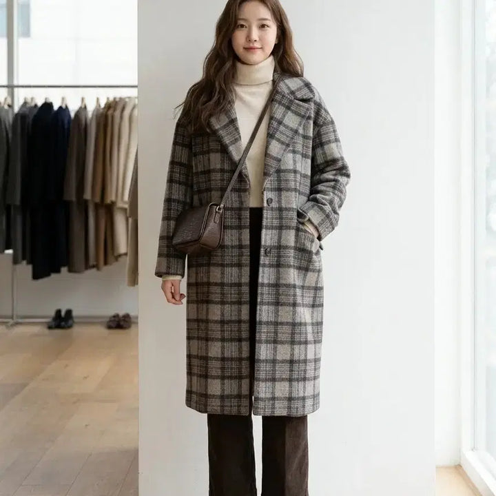 [BUNJANG] LEBEIGE Wool Blend Check Long Coat / LEBEIGE 르베이지 울 블렌드 체크 롱 코트