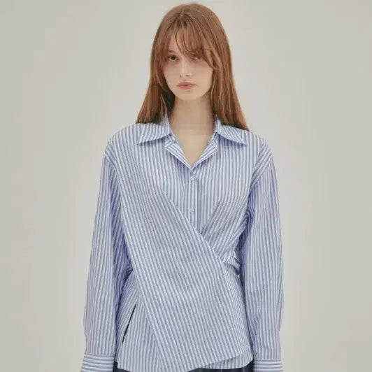 [BUNJANG] AbraMoi Blue Stripe Wrap Shirt / 아비에무아 블루 스트라이프 랩 셔츠
