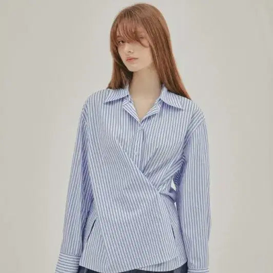 [BUNJANG] AbraMoi Blue Stripe Wrap Shirt / 아비에무아 블루 스트라이프 랩 셔츠