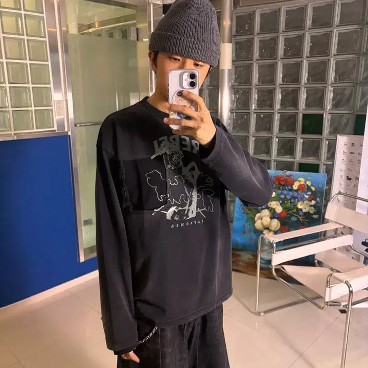 [BUNJANG] HIGH GATE Dirty Print Long Sleeve T-Shirt Black / HIGH GATE 하이 게이트 더티 프린트 긴팔 티셔츠 