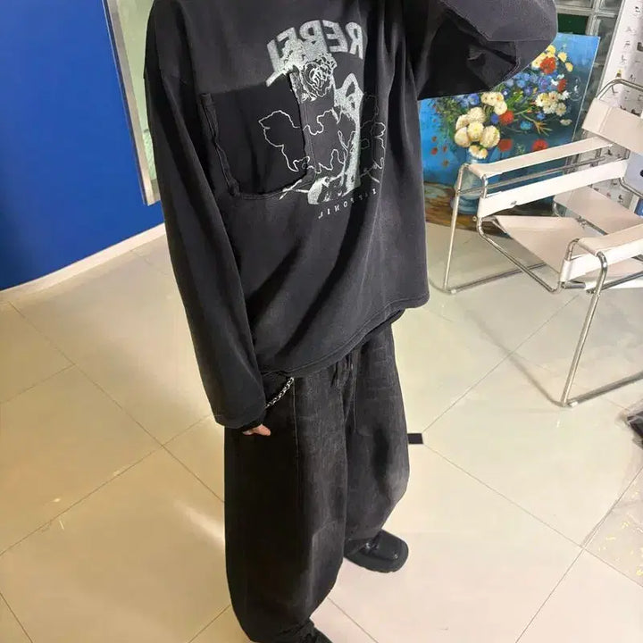 [BUNJANG] HIGH GATE Dirty Print Long Sleeve T-Shirt Black / HIGH GATE 하이 게이트 더티 프린트 긴팔 티셔츠 